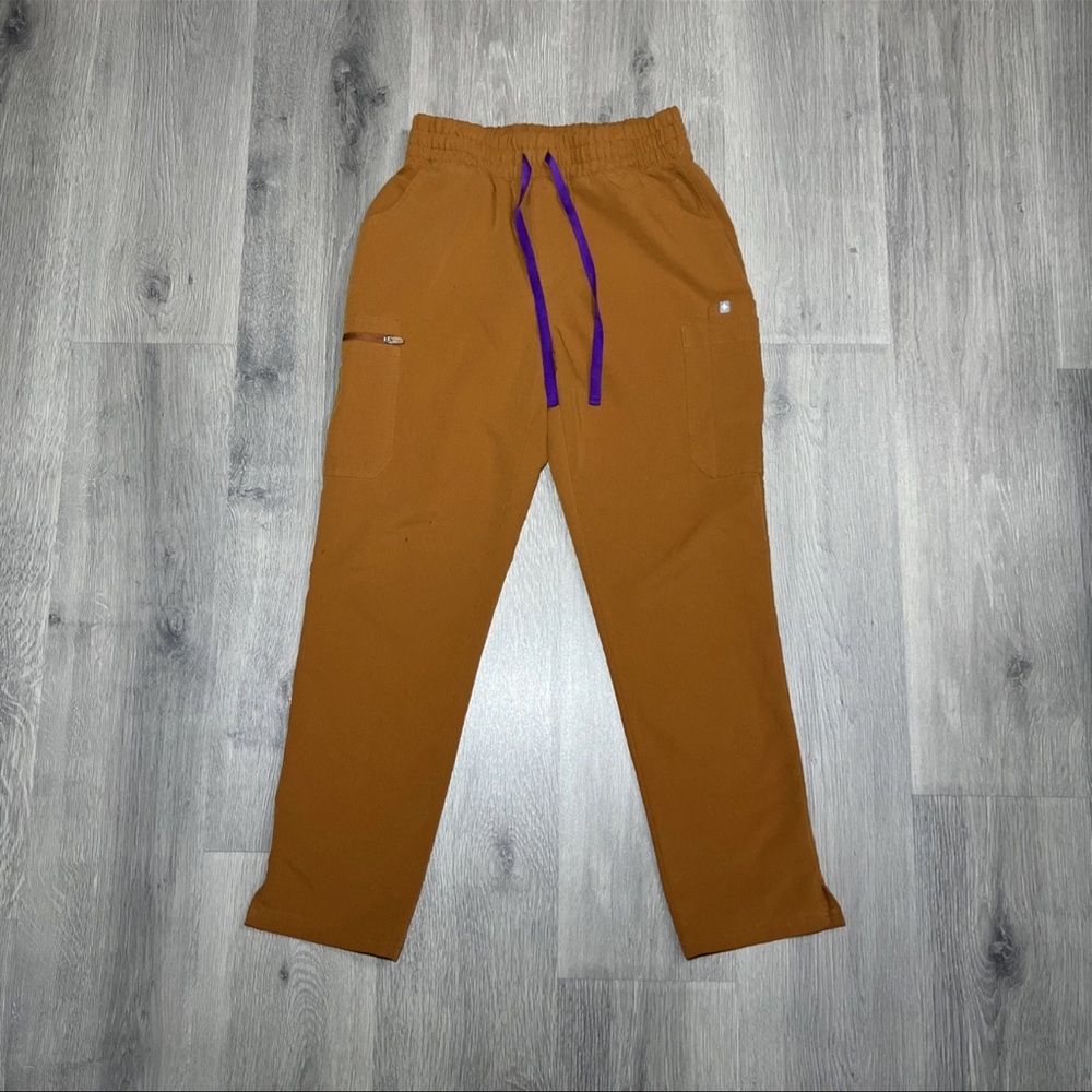 Figs Brown Straight Leg Pants with Purple Drawstring